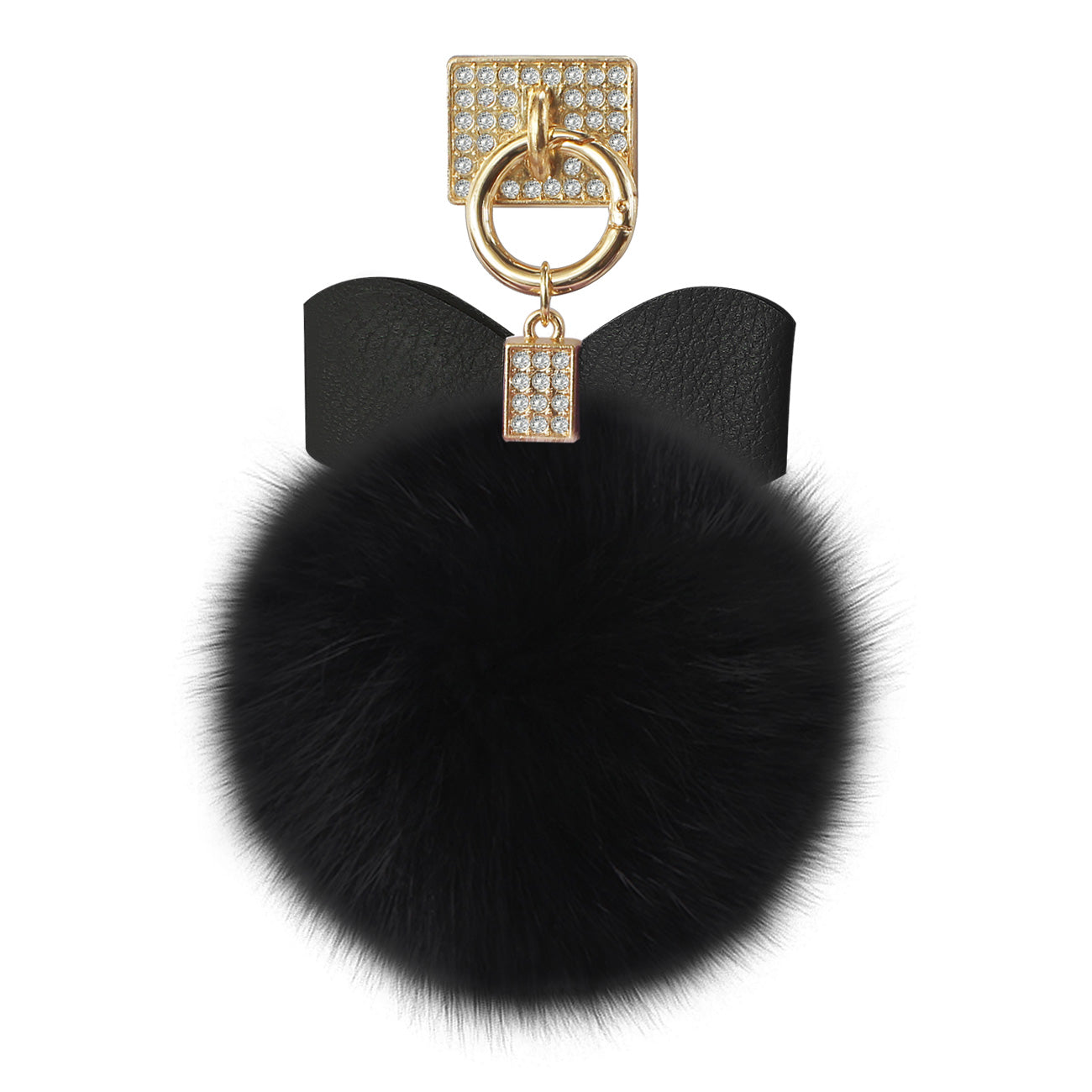 REIKO PHONE HOLDER/ FINGER LOOP GRIP WITH RHINESTONE SOFT PUFFY FUR BALL IN BLACK SKU:HLD12-BK